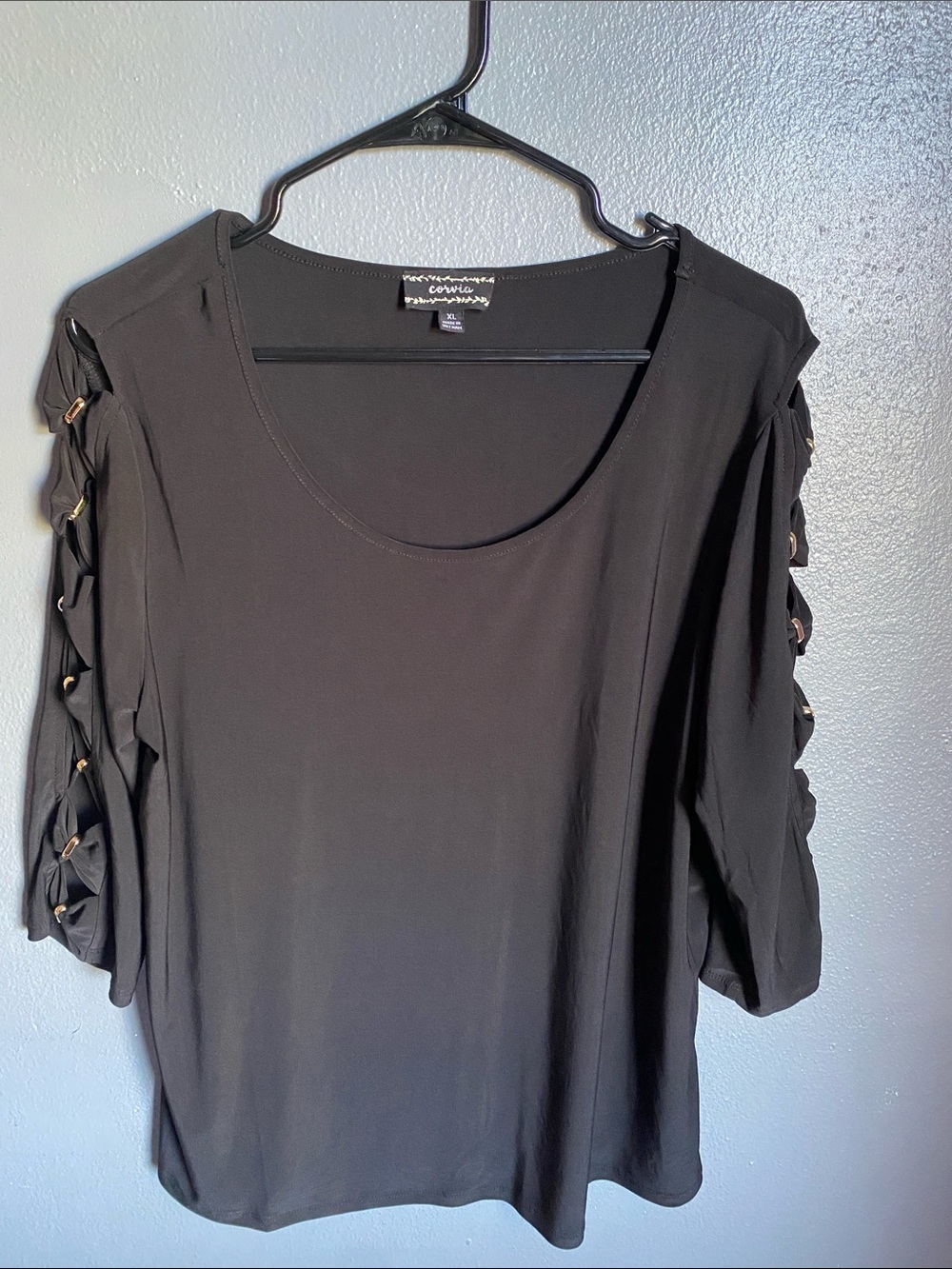 Coldwater Creek Black Scoop Neck Blouse with Lace-Up Sleeve Detail